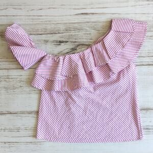 Main Strip Candy Stripe Pink and White Ruffle One Shoulder Top sz Large